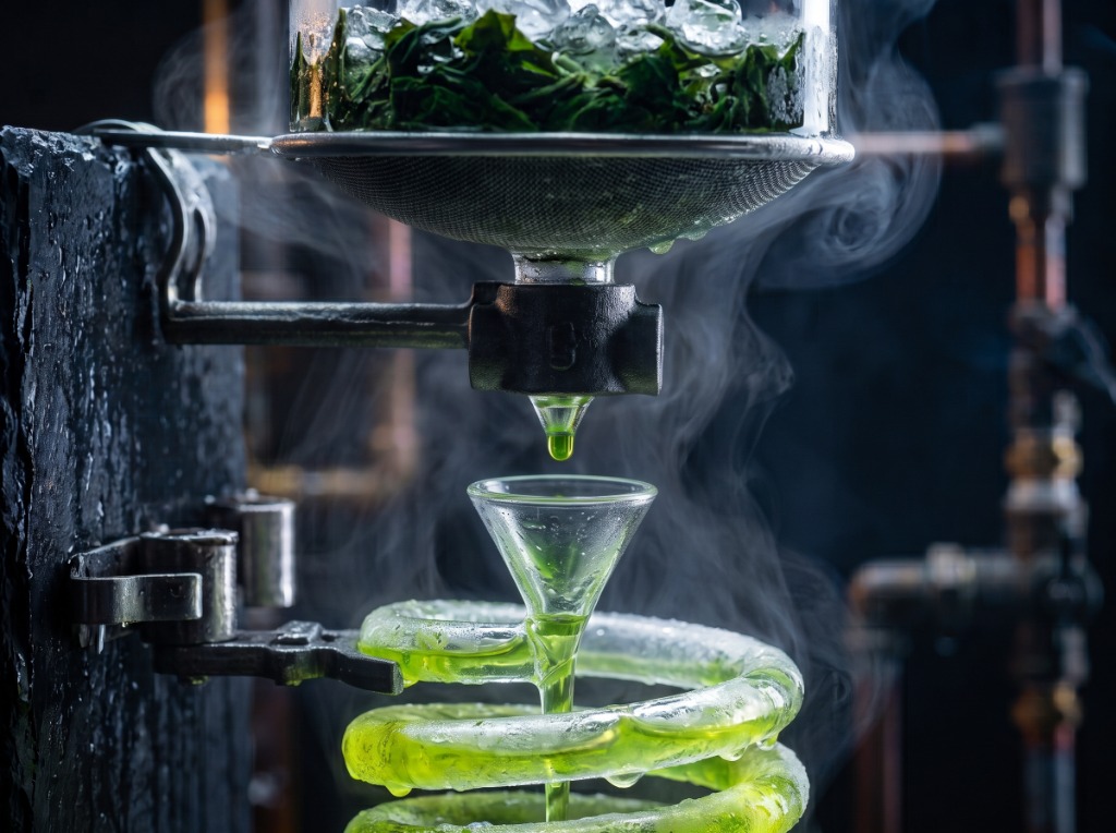SHOTSU Kaltextraktion bei 2–4 °C mit Eis und Gyokuro-Blatt