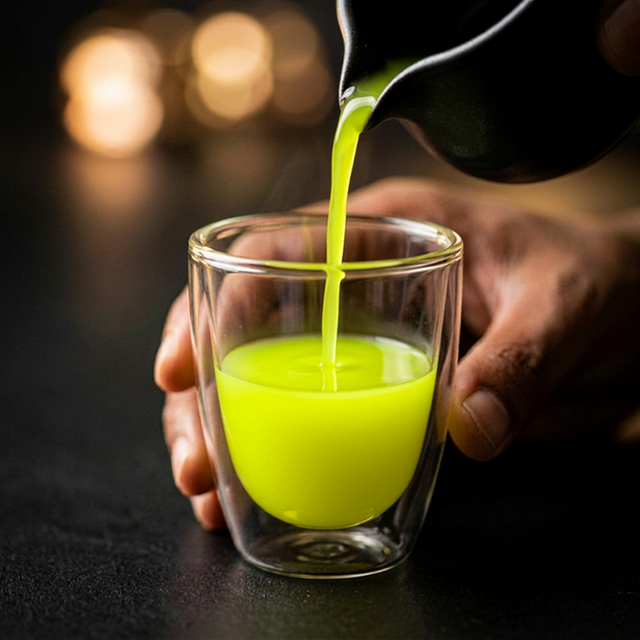 SHOTSU Gyokuro cold-brew shot poured into double-walled glass
