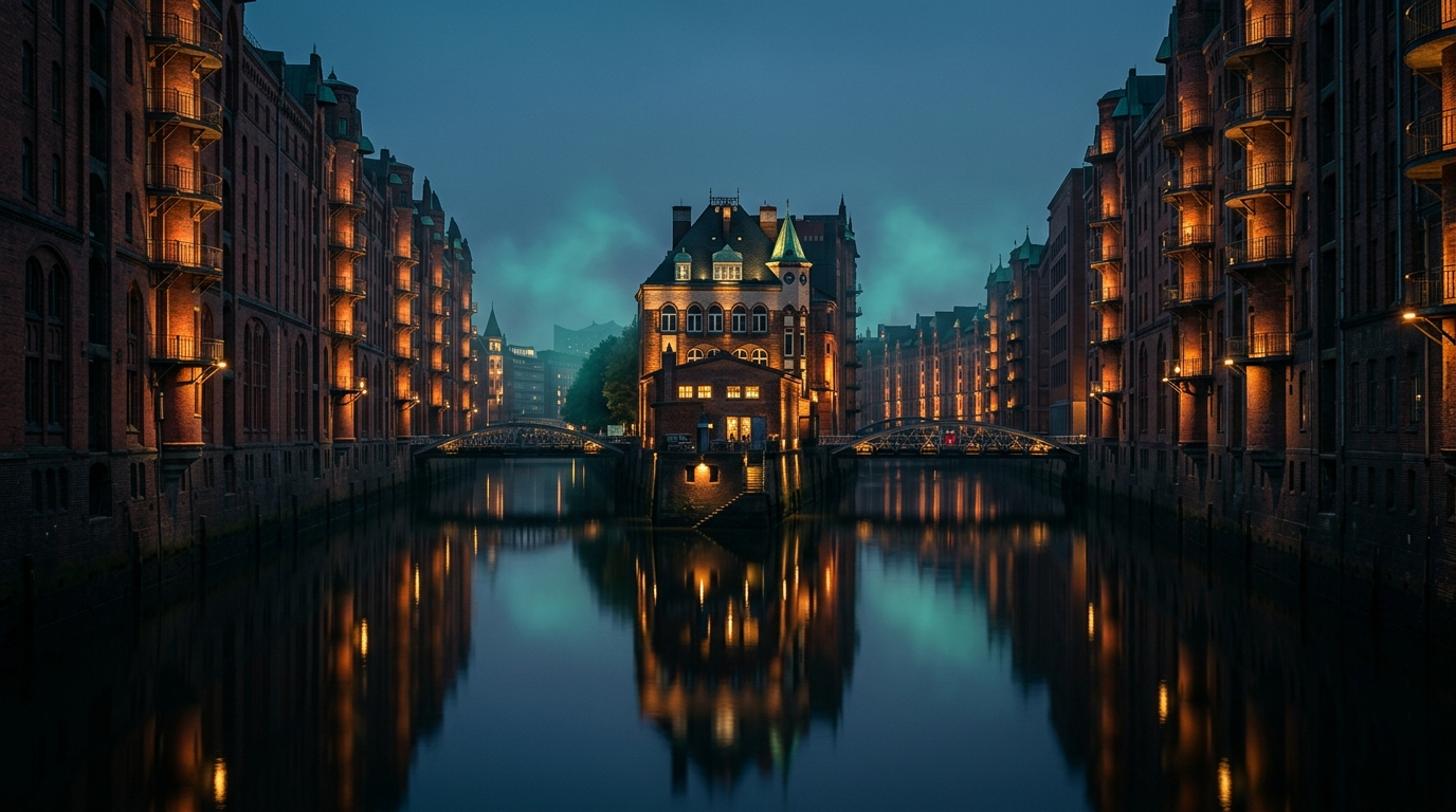 Hamburg Speicherstadt Wasserschloss bei Dämmerung